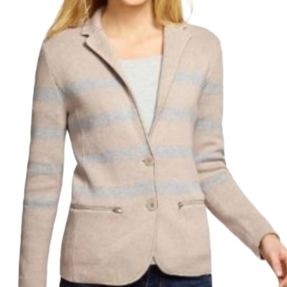 Talbots Beige and Gray Striped Cotton Blend Knit Blazer